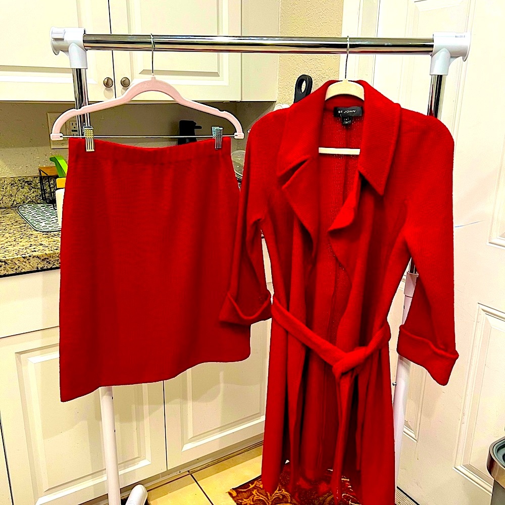 St. John Knits 2 Piece Red skirt and long jacket with matching belt. Size 6.